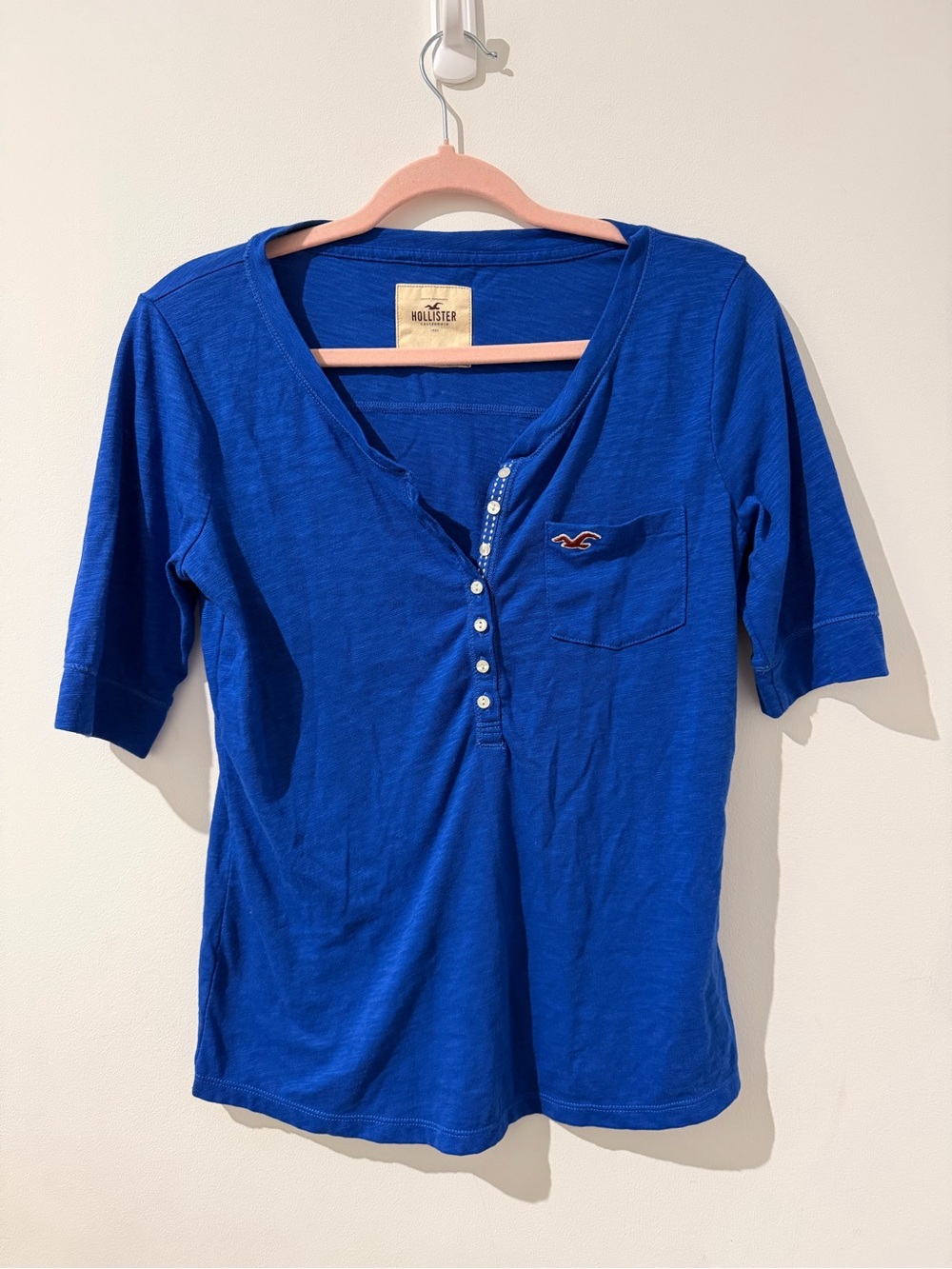 Hollister Women's Cobalt Blue Henley Pocket Tee - Picture 2 of 4